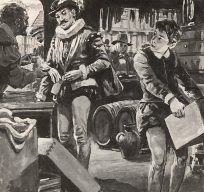 William Shakespeare als jongen, helpt zijn vader in de winkel door English School